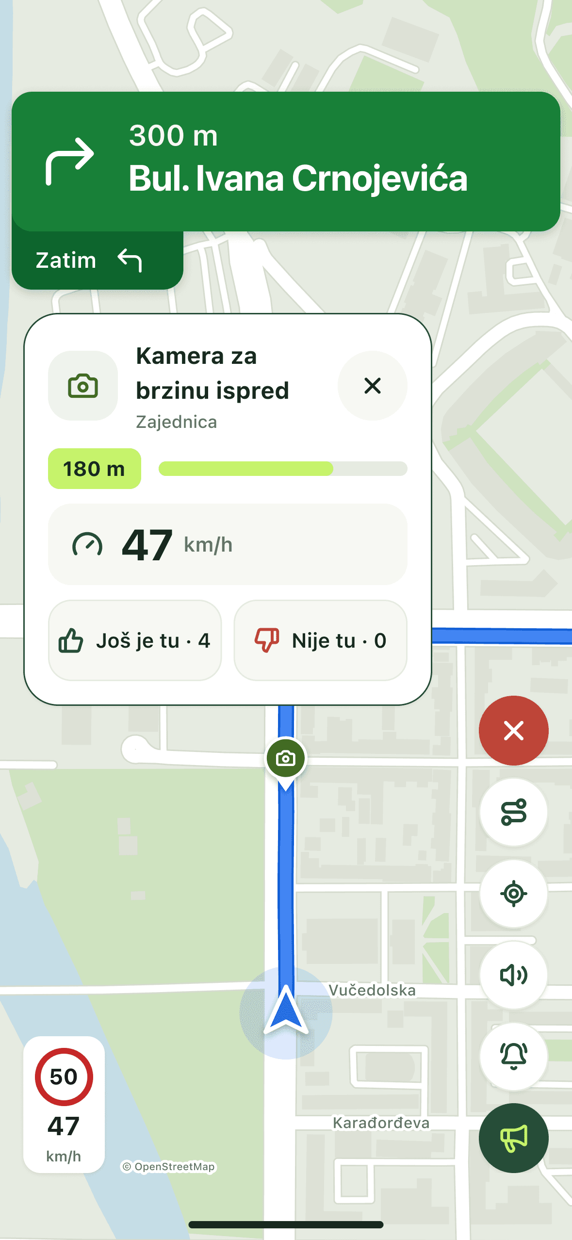 Navigacija skretanje-po-skretanje u RadarNavu upozorava na kameru za brzinu 180 metara ispred